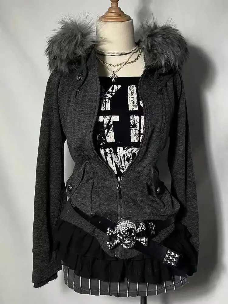 

Y2k Jacket Coats Women Clothing High Street Solid Color Fur Zipper Aesthetic Femme Long Sleeves Oversized Tops Punk Jackets Coat