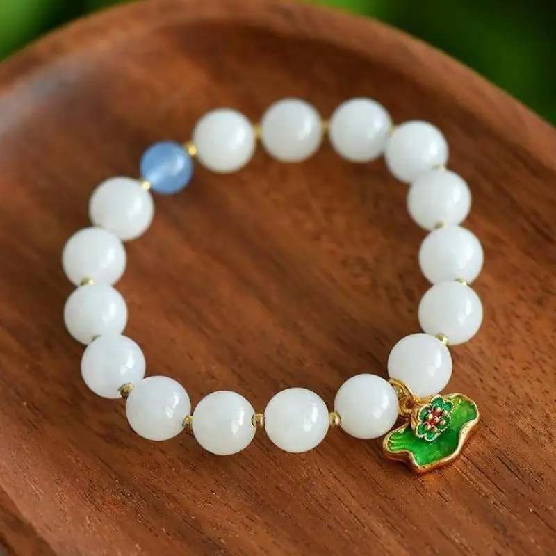 Natural Nephrite White Jade Bracelet Men Women Fine Jewelry Genuine Chinese Hetian Jade Green Enamel Lotus Flower Charm Bracelet