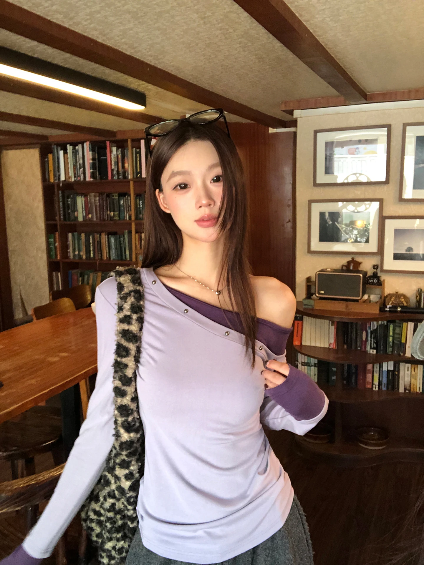 

Slim Fit Women's Base irt Inner Wear Long Sve T-irt Purple oulder Slant Design Autumn Winter Faion Commute Sle