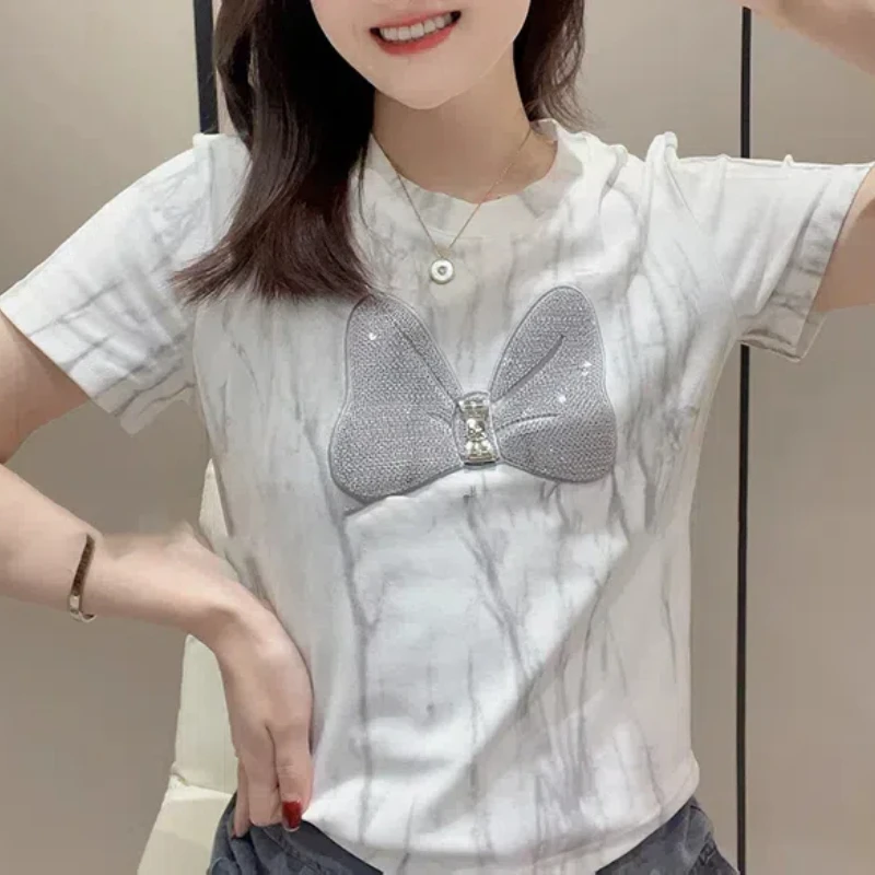 Stylish Office Lady Bow Women's Round Neck Clothing Pullover Short Sleeved T-shirt Summer Contrast Color Rhinestone Korean Tops