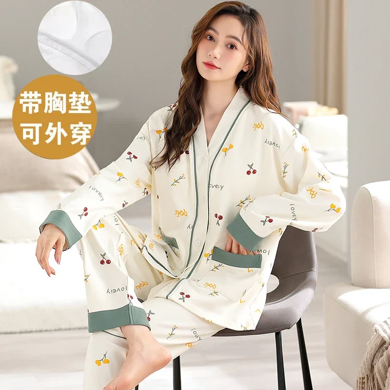 With Bra Pad M-3XL Women Cotton Pajama Spring Kimono Style Cardigan Sleepwear Korean Pijamas Plus Size Nightwear Long Pjs