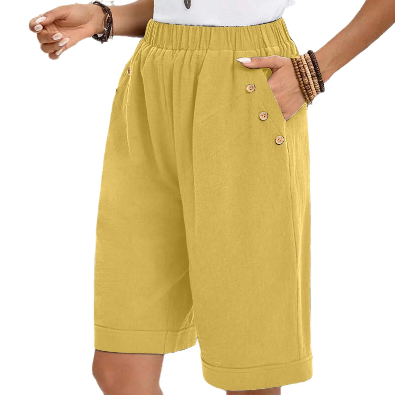 กางเกงผ้าฝ้ายลินินสีทึบสำหรับผู้หญิงทรงหลวมสบายเอวยางยืดความยาวปานกลาง