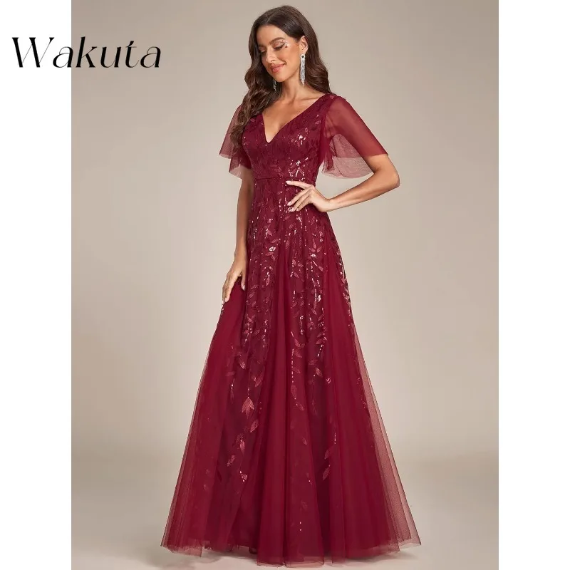 Wakuta Fashion Sexy V-neck Short Sleeved Evening Robe Classic Sequin Sparkling Slim Fit A-line Party Cocktail Dresses فستان سهرة