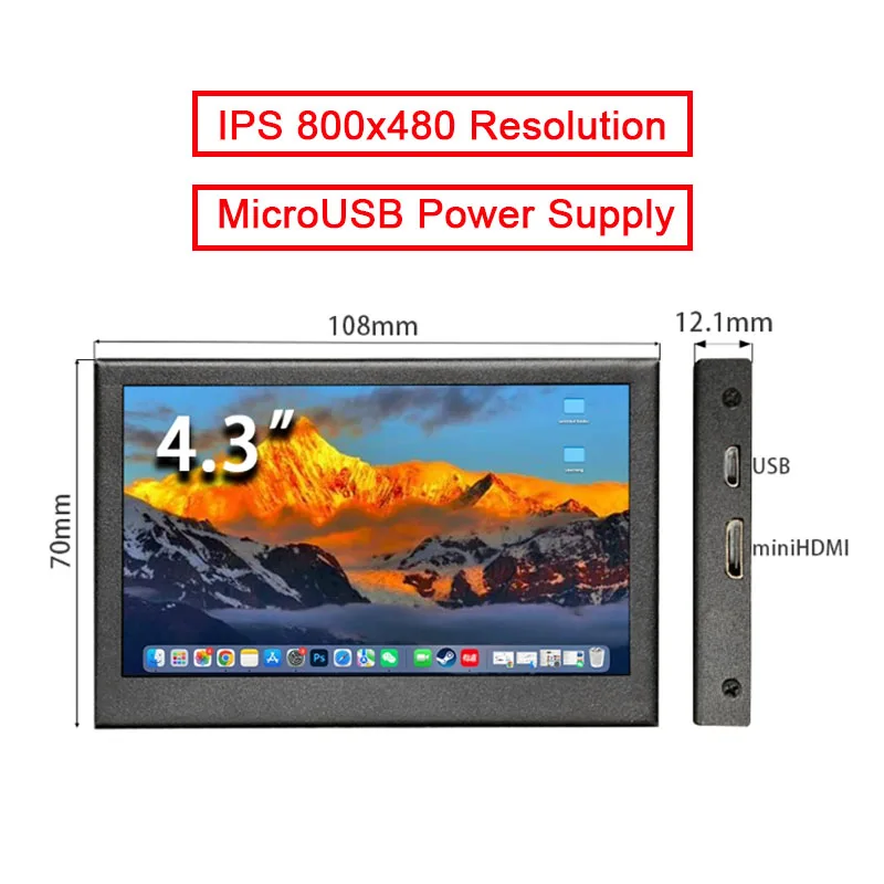 4.3 Inch mini Small Screen Display HDMI 800x480 IPS Secondary LCD Monitor Metal Shell With Support For Windows PC Laptop