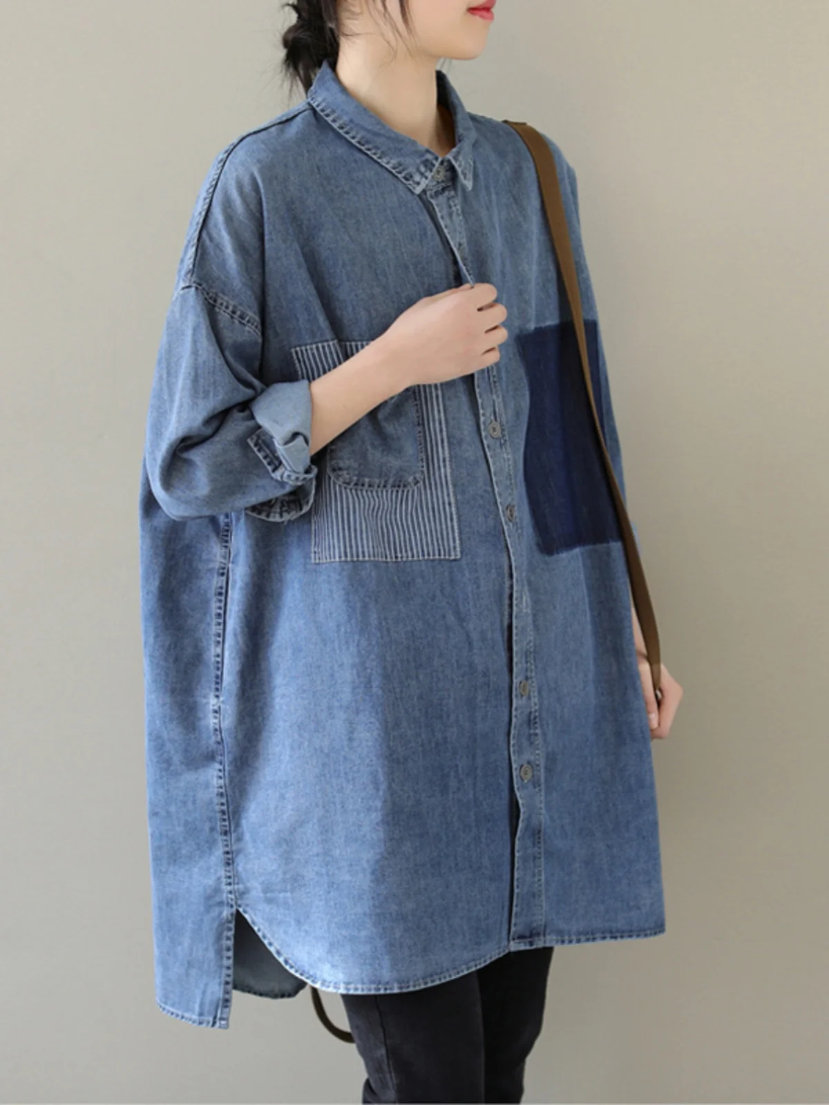 

Korean Sle Patchwork Waed Denim irt Jaet Large Size Women's Vintage Turn-down Collar Mid-length Top Autumn Casual