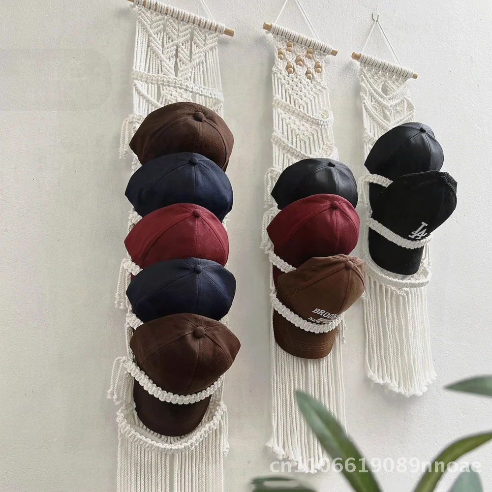 Tapiz de algodón tejido a mano de Amazon, estante para sombreros montado en la pared, decoración bohemia para el hogar, almacenamiento de gorras, estilo nórdico, Rectangular, blanco y Beige