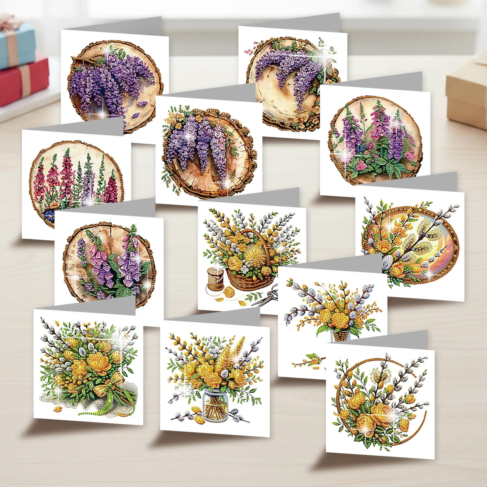 

12PCS DIY Rhinestone Diamond Art Mosaic Postcards with Envelopes 5D Rhinestone Art Greeting Card for Festivals and Celebrations