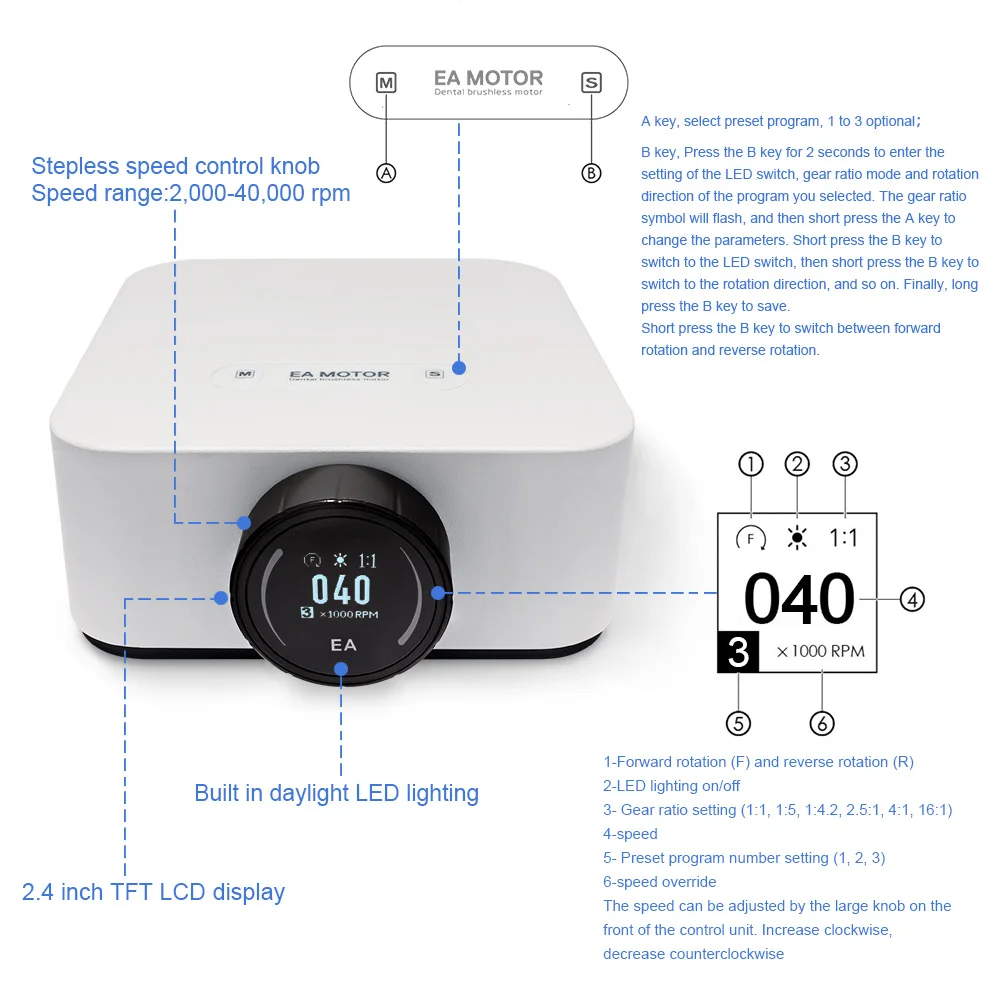 LED Electric Motor Micromotor Low Speed Handpiece with Portable Unit Dentist Laboratory Units 2/4/6 Holes Brushless Motor AI-EA