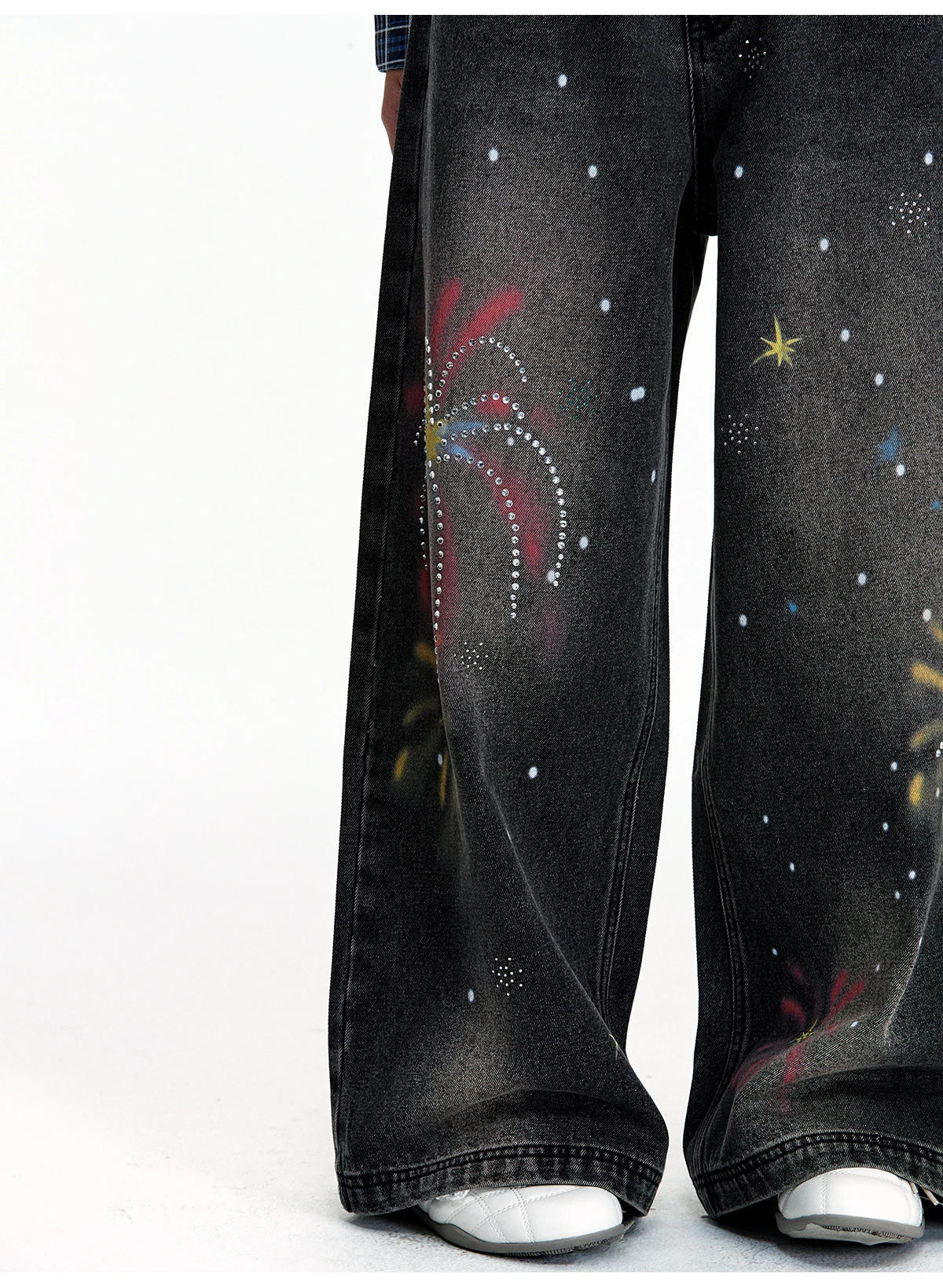 Men Women 2025 Autumn Winter New American Style Printed Rhinestone Long Denim Pants Loose Trendy Jeans Handsome Denim Trousers