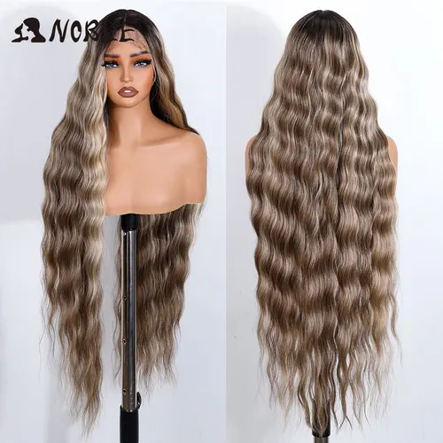 Peluca con malla frontal sintética Noble de 36 "", peluca dorada ondulada larga con parte de encaje para mujer, peluca con malla frontal, peluca de Cosplay Rubio degradado
