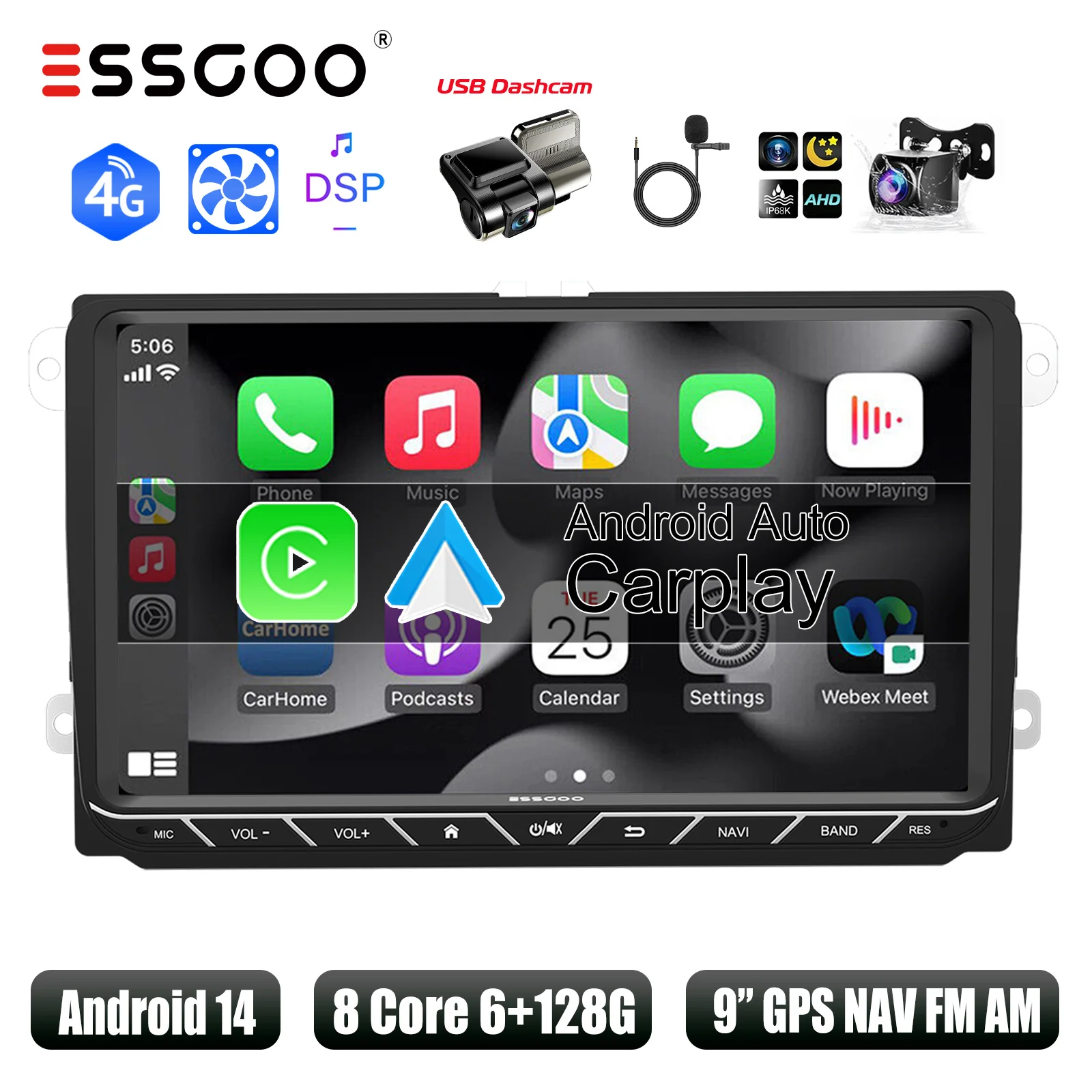 ESSGOO Autoradio 9" Android 14 6+128GB 8-core met Wireless Carplay voor VW Golf 5 6 Passat Polo Touran Tiguan Jetta, Android Auto, 4G DSP, GPS Navigatie, WiFi, FM/AM/RDS