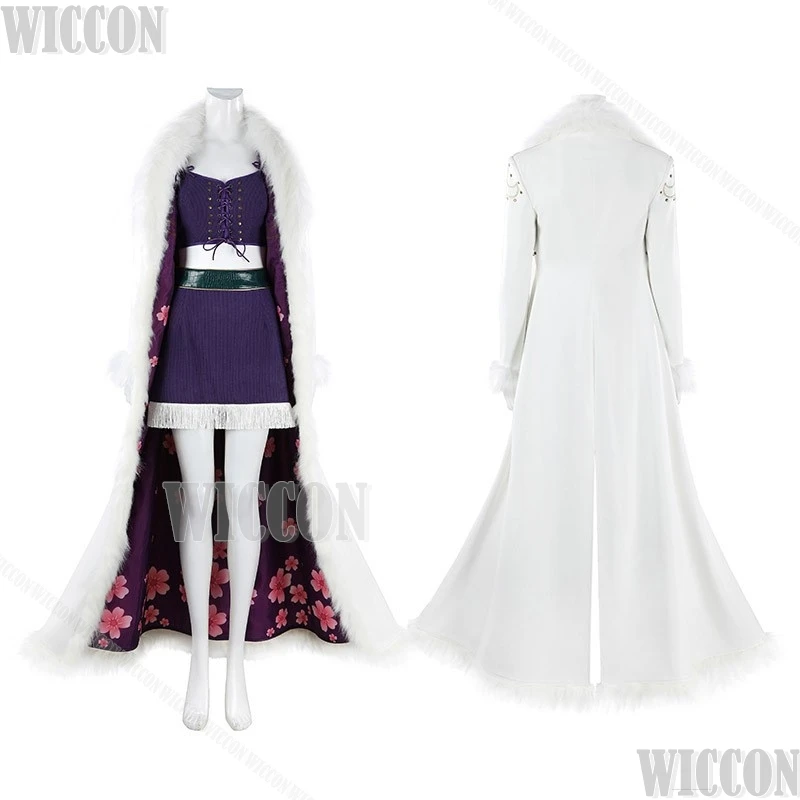 Nico Anime Movie Robin cosplay Costume Sexy Purple Dress Long White Cloak Coat Hat Black Wig Short Hair Hallowen Party Woman Cos - view 2