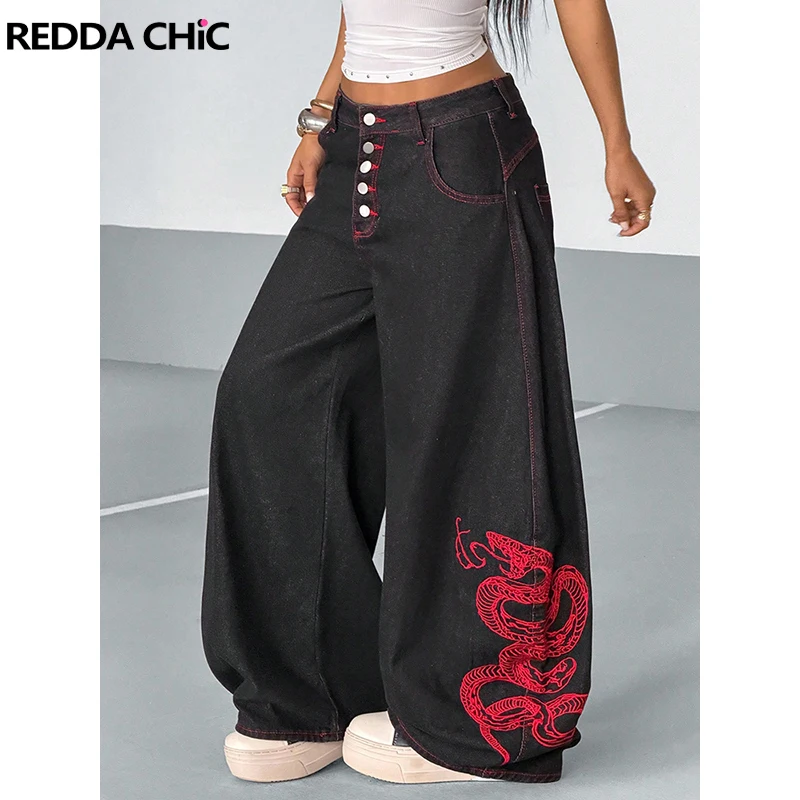 

REDDACHiC Dragon Embroidered Women's Jeans Retro Punk Button Front Carrot Fit Low Rise Wide Leg Denim Pants Hiphop Everyday Wear