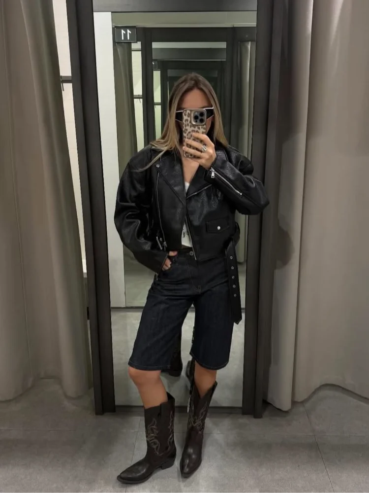 Women  Belted Lapel Asymmetric Collar Jackets Black Casual Zip Cropped Length Textured Faux Leather Coats 2026 Biker Streetwear