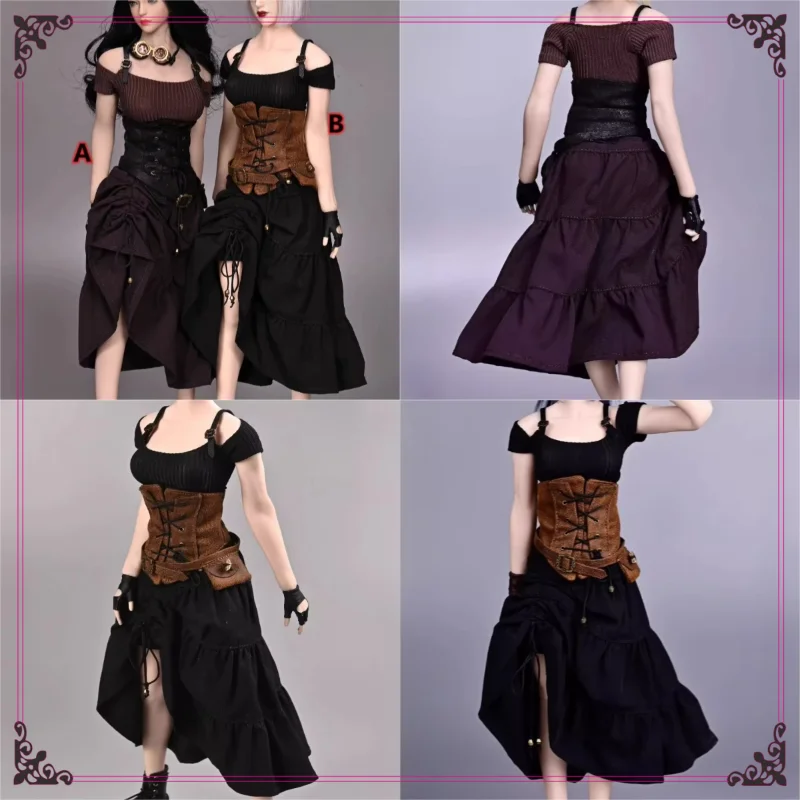 

1/6 Scale Female Soldier Steampunk Style Tops Skirts Waistband Waist Bag Hat Set Model for 12'' PH TBL Action Figures Toys