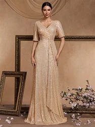 Lucyinlove abito da sera con scollo a v di lunghezza del pavimento di lusso 2024 abito da donna elegante con Maxi abito da Cocktail con paillettes a maniche corte