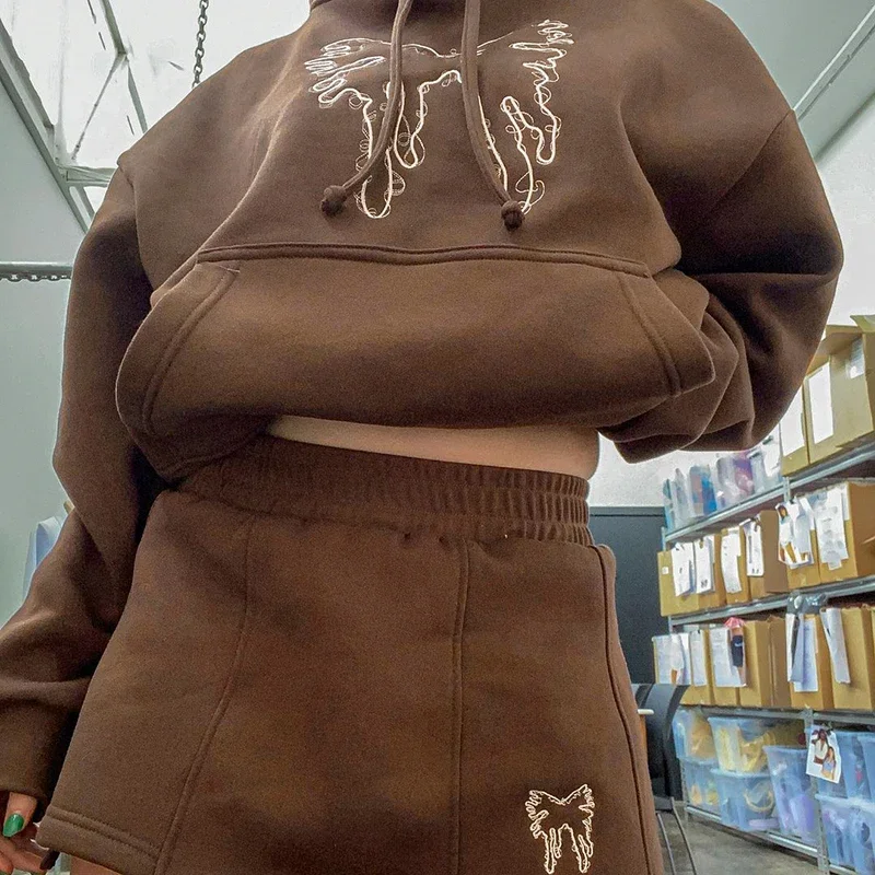 Butterfly Brown Tops Sweatshirts Oversized Long Sleeve Pullovers Hooded Pockets Sporty Tops Y2k Women Autumn Winter Jumpers New