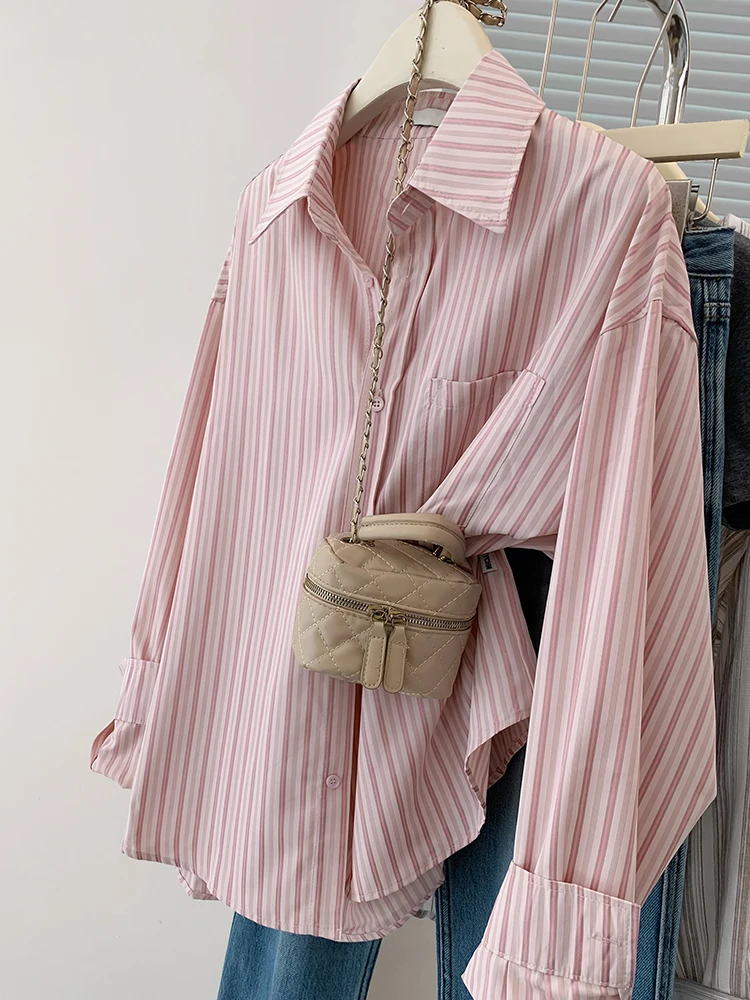 Women Pink Striped Print Button Up Shirt Harajuku Vintage Simple Casual Lapel Blouse Long Sleeve Loose Tops