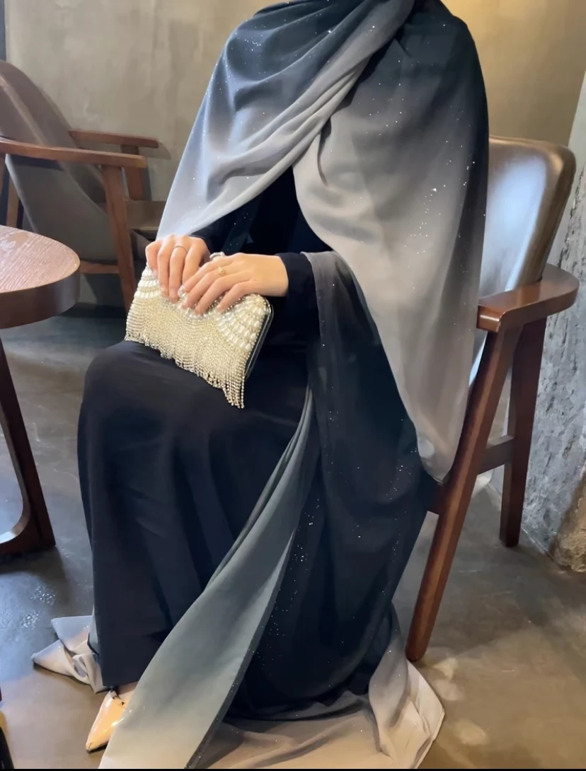 New Gradient Color Islamic Dresses Shiny Muslim Woman Summer Set Saudi Women Abayas And Scarf Turkish  Veiling Suit Hijabs Femme