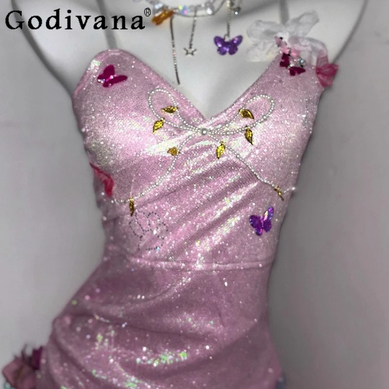 Abito rosa con fiori di ciliegio con paillettes originali Abito da principessa a coda di pesce con farfalla Abito da fata Lolita senza maniche femminile