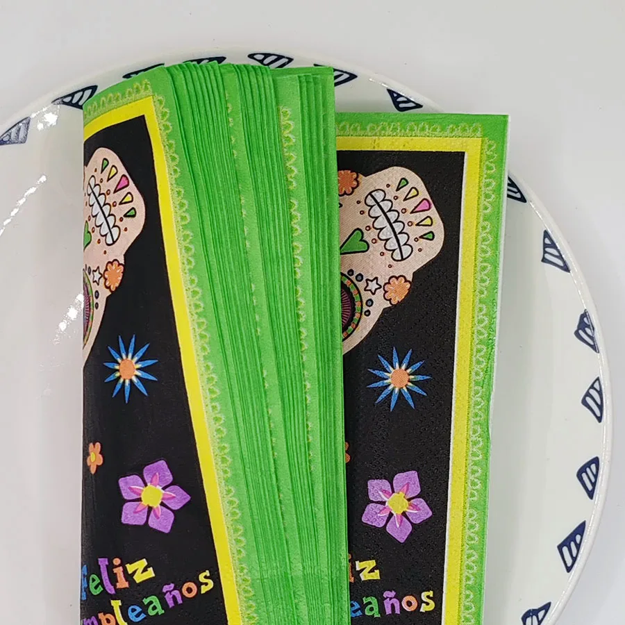 مناديل كالافيرا المكسيكية مقاس 13 بوصة جماجم مكونة من طبقتين مرسومة يدويًا وقطيفة وقماط فيليز |   ديكور طاولة فييستا، مستلزمات دي مورتوس