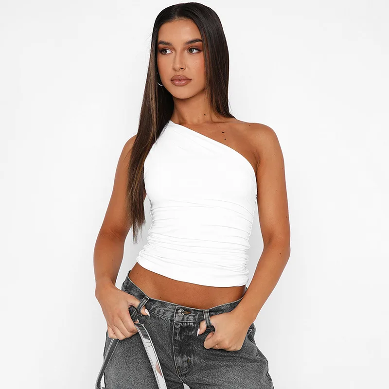 Einfarbig eine Schulter rücken frei schrumpfen Tank Top T-Shirt Süßigkeiten Farbe eng sexy ärmellose Hals ohne schlanke Casaul Top – Detail 23