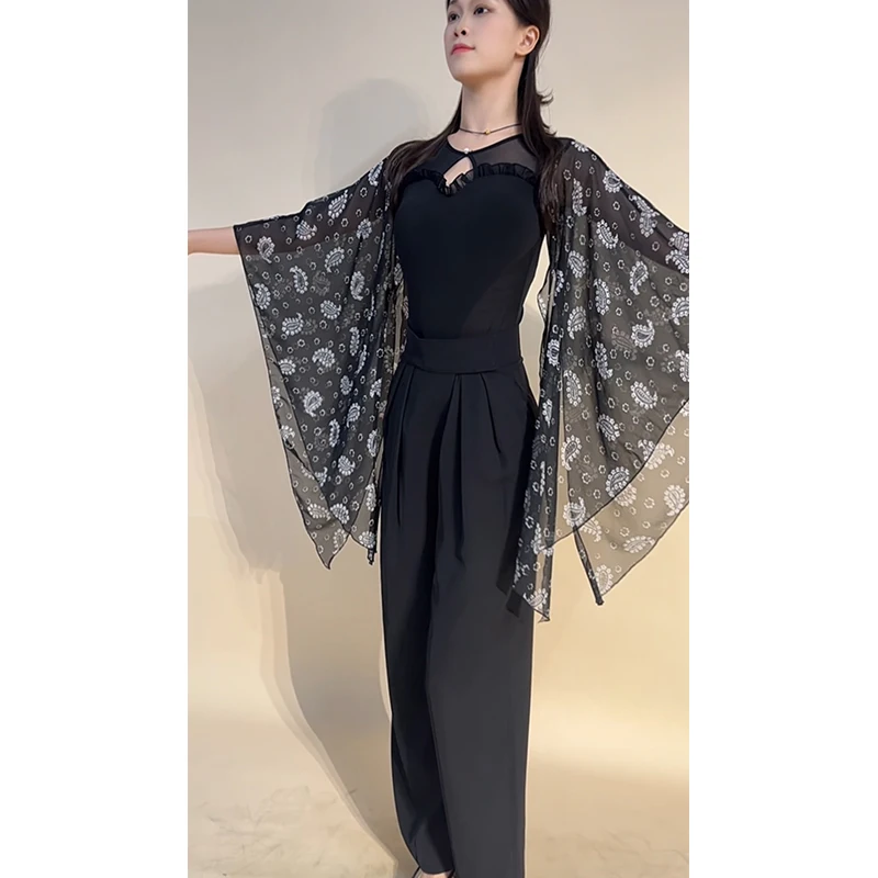 新しい社交ダンス服女性ワルツダンス練習着フローティングメッシュ袖トップス黒ズボン大人の標準ダンスウェア