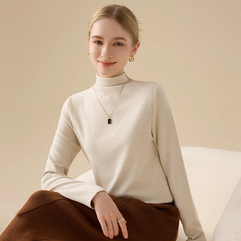 Women's Mock Neck Wool Base Top, 2026 New Autumn Winter, Silk Fleece‑Lined Thick Deru Fleece Heat‑Generating Thermal Inner Wear