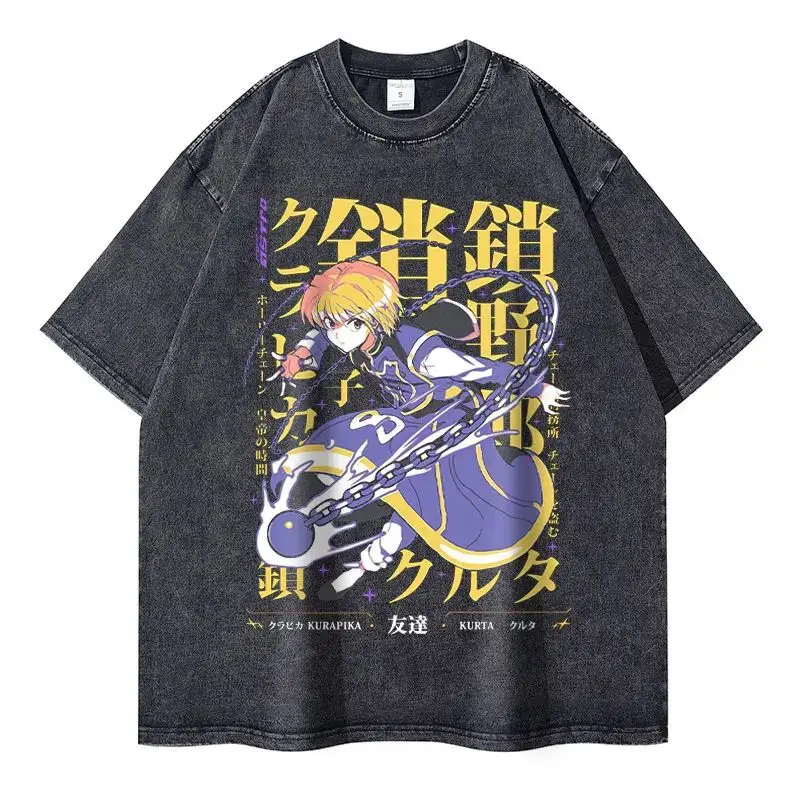 Anime Hunter X Hunter T-shirts Vintage Washed Phantom Troupe T Shirt Oversized Manga Killua Gon Chrollo Tops Tees Men 100%Cotton