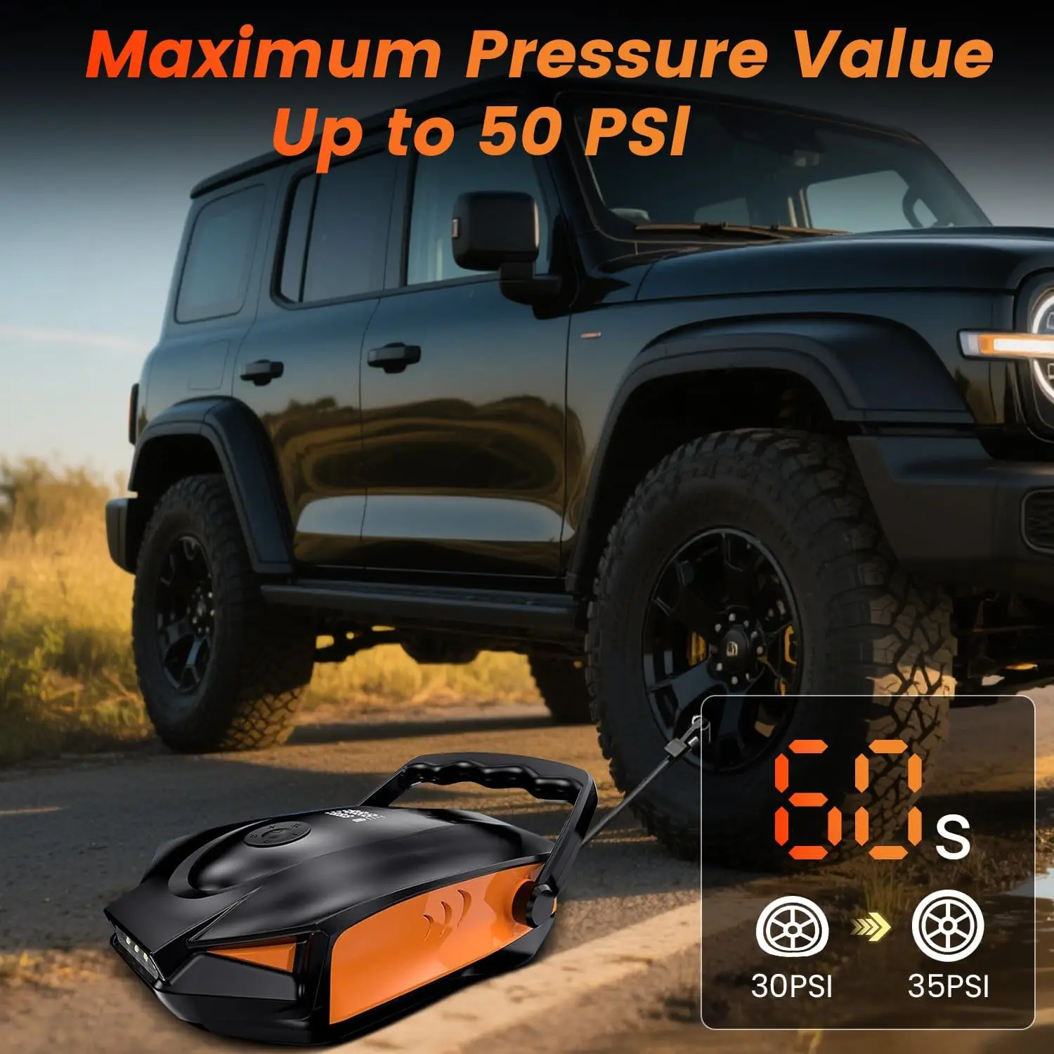 50PSI Electric Air Pump for SUP, Car, Bike - Fast Dual Stage Inflation with Auto Shut Off