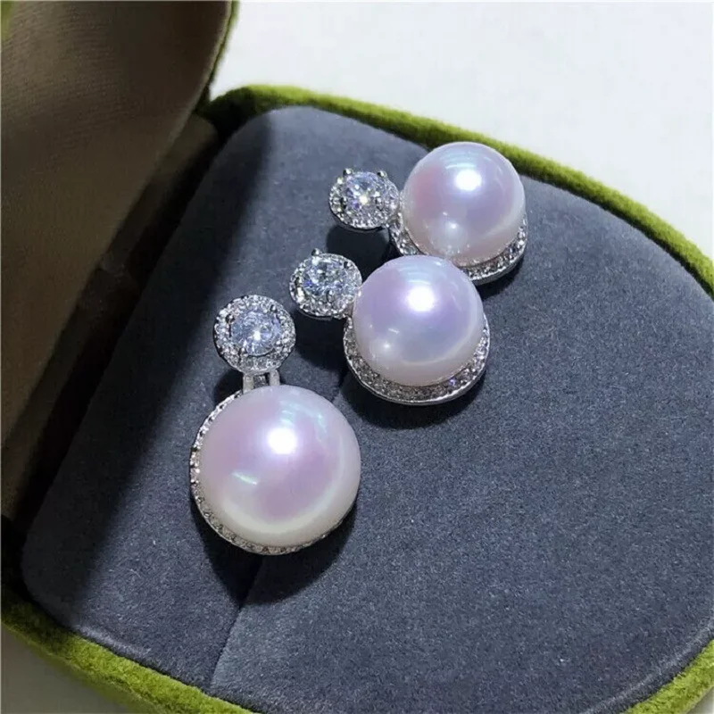 Gorgeous AAAA 9-10 mm south sea White stud pearl pendant earring set 925s..