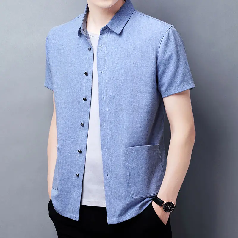 Summer New Thin Button All-match Shirt Tops Short Sleeve Polo Neck Plus Size Solid Vintage Blouse Casual Fashion Men Clothing