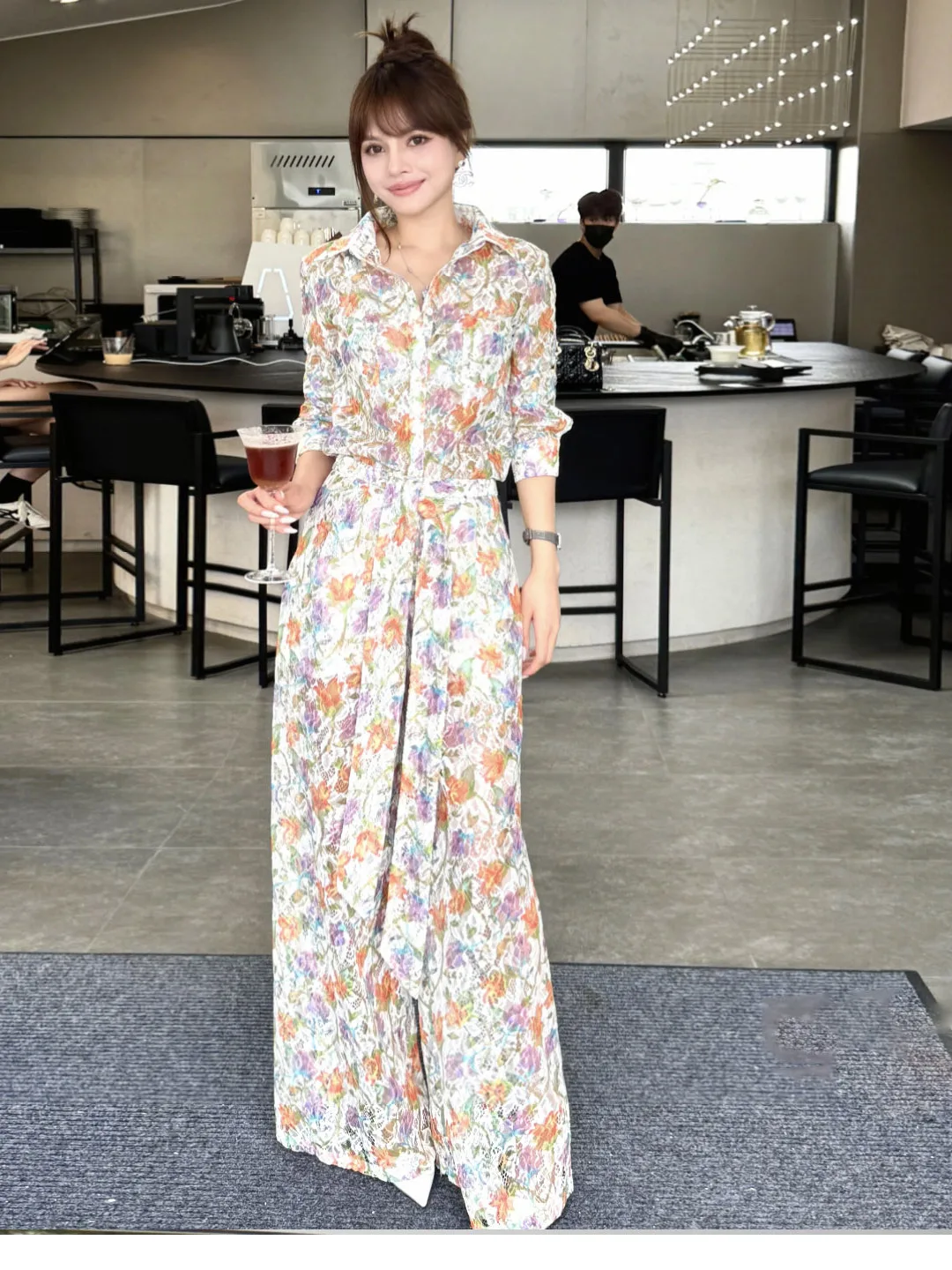 

Faionable Versatile Long Sve Printed irt Dr 2025 Summer New Hollow out Pants Polyester Fiber