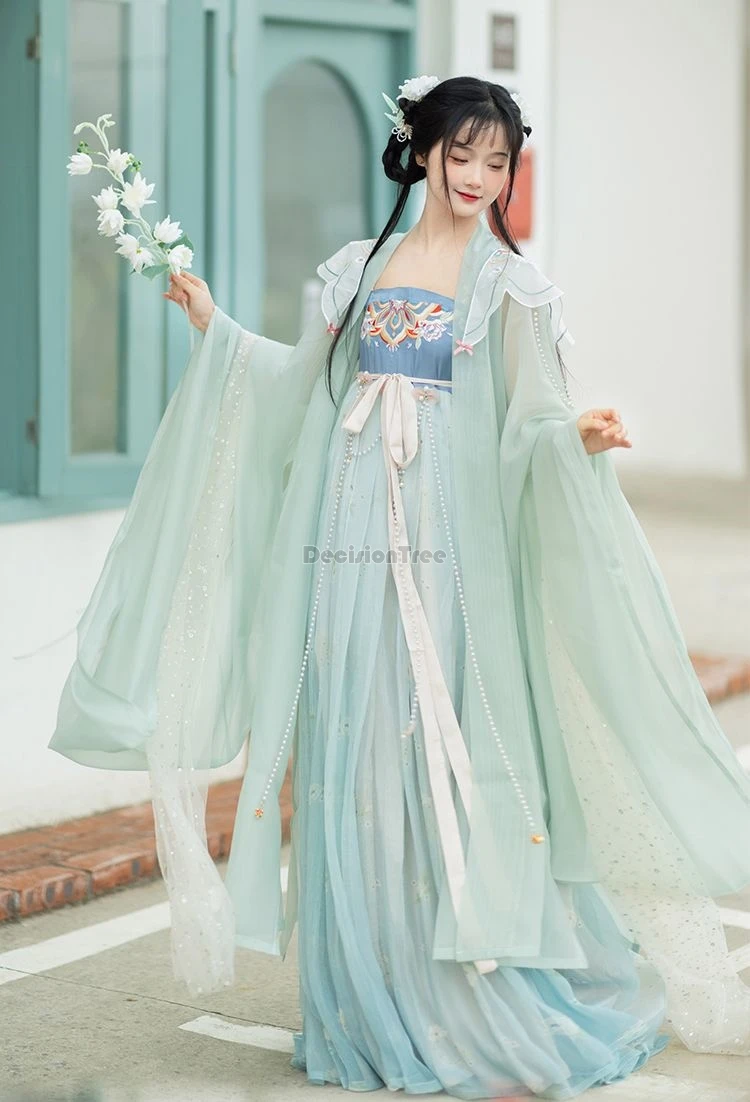 2024 spring chinese girl vintage cosplay costume tang style new fairy sweet princess hanfu set embroidery strapless gauze dress