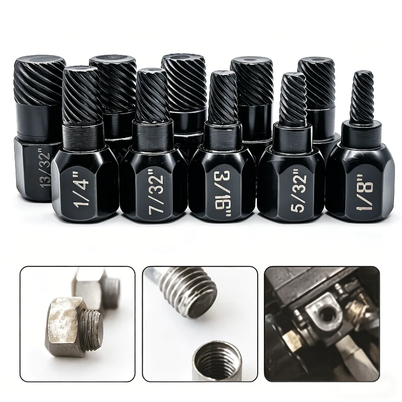 10Pcs Broken Bolt Extractor Set, Screw Remover Kit, Hex Shank Spiral Flute Stud Extractor for Damaged Rusted Bolts Screws