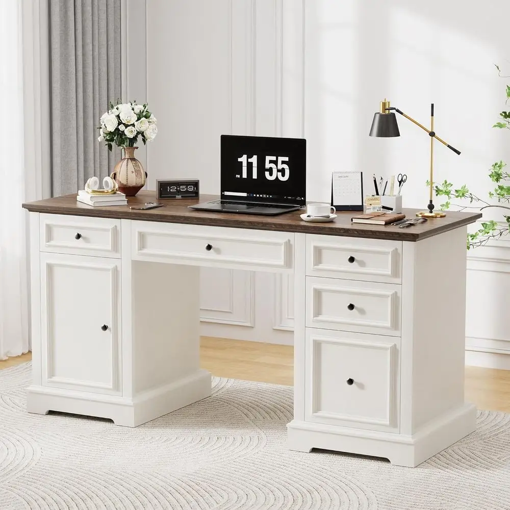 

Письменный стол в деревенском стиле 60 дюймов с ящиками и тумбой, текстурированное дерево, для домашнего офиса, рабочее место