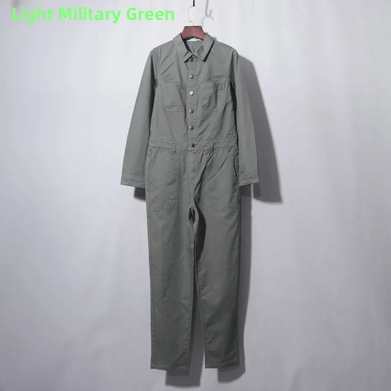 

Retro Modern Waed Military een Pink Long Sve Ladies Overalls High Waist Slimming Denim Wide Leg Cool Summer Outfit