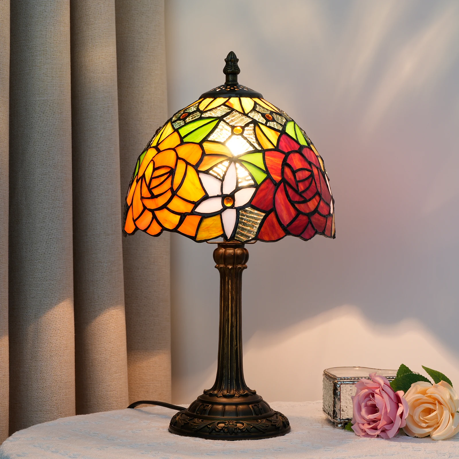 

Blooming Roses Table Lamp Stained Glass Bedside Nightstand Table Lamps for Living Room,Bedroom, Home Office Reading Desk Lamp
