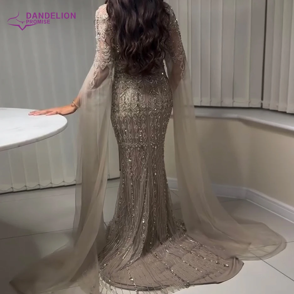 Luxury Dubai Caramel Mermaid Arabic Evening Dresses 2025 with Cape Sleeves Beaded for Women Wedding Party