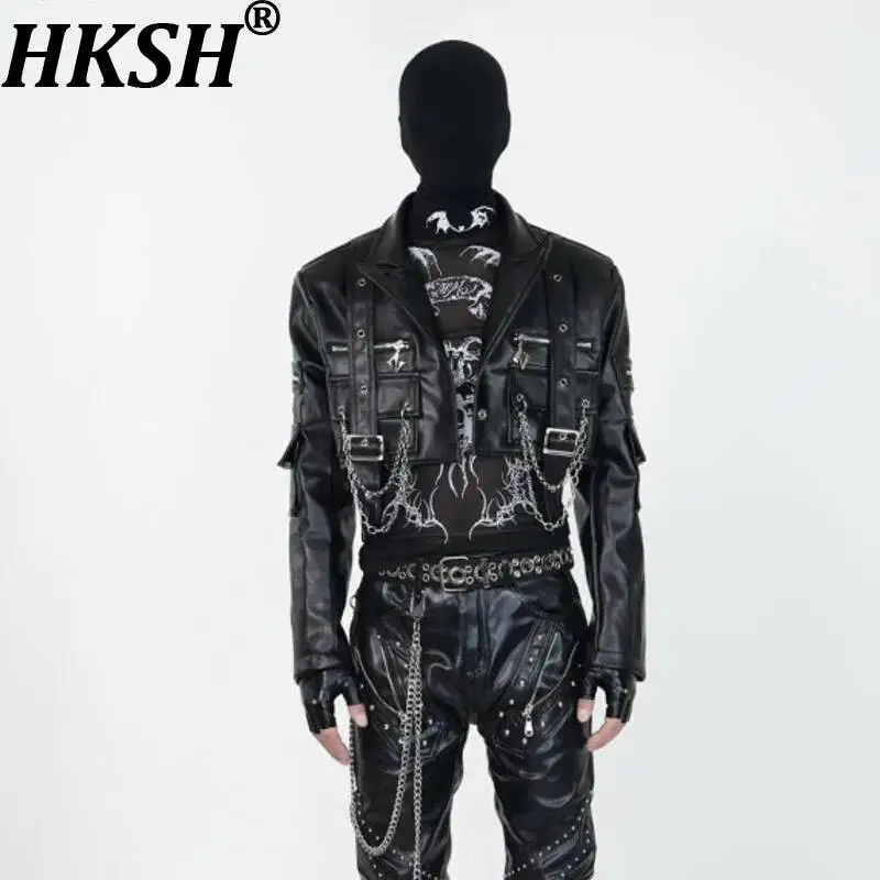 HKSH Spring New Men Tide Darkwear Avant-Garde Short PU Leather Jacket Shoulder Pads Punk Stage Performance Chic Ins Coat HK24351