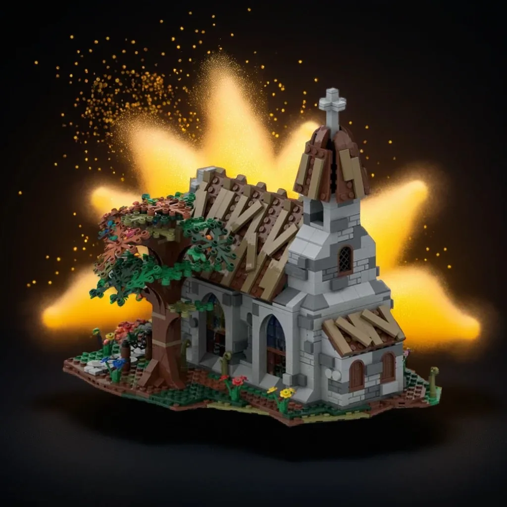 

1130Pcs Village Church MOC with Steeple Bell Tower, Stained Glass Windows & Stone Walls Education Building Blocks Gift