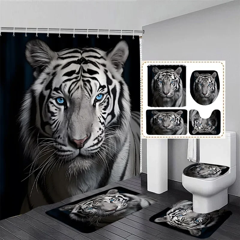 Wildlife Tiger Shower Curtain Set Blue Sea Waves Fierce Wild Animal Bath Curtains Home Bathroom Decor Bath Mats Toilet Lid Cover