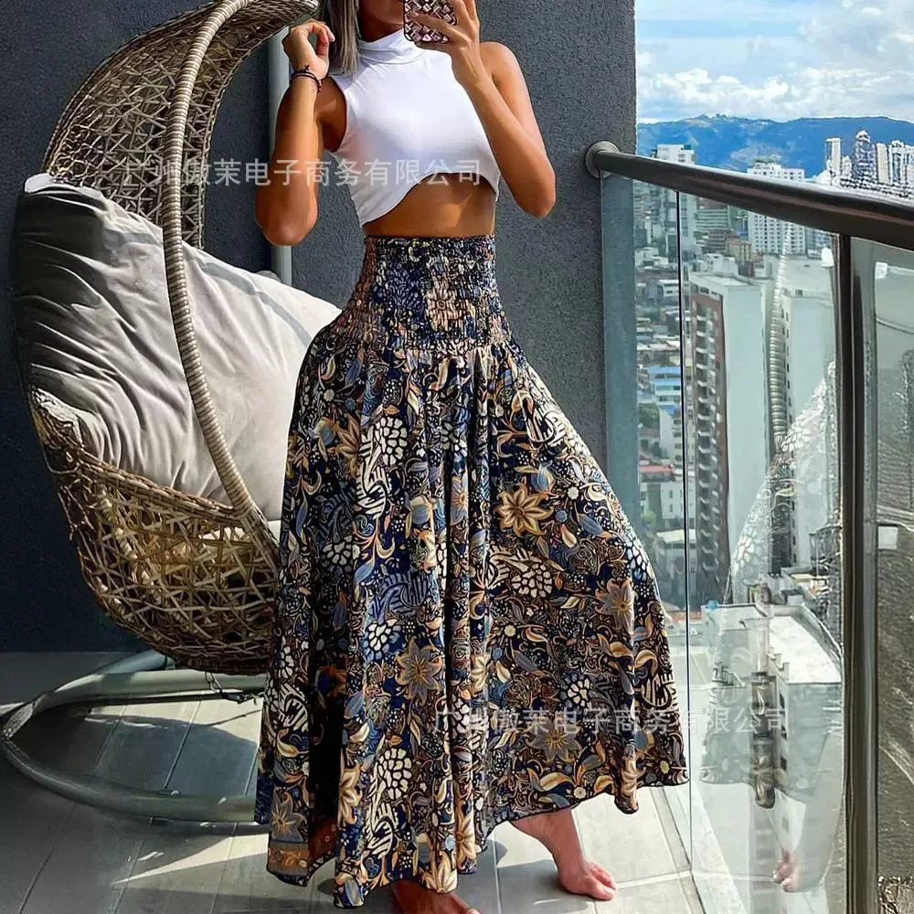 

Loose Pants Women 2024 Spring/summer New Latest Casual Vintage Boho Tribal Floral Print High Waist Shirred Wide Leg Trousers