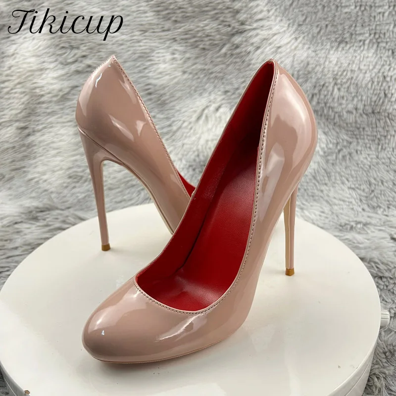 

10cm 12cm Red Inside Women Round Toe Slip On High Heels Nude Black Patent Leather Stilettos Pumps Wedding Party Shoes for Ladies