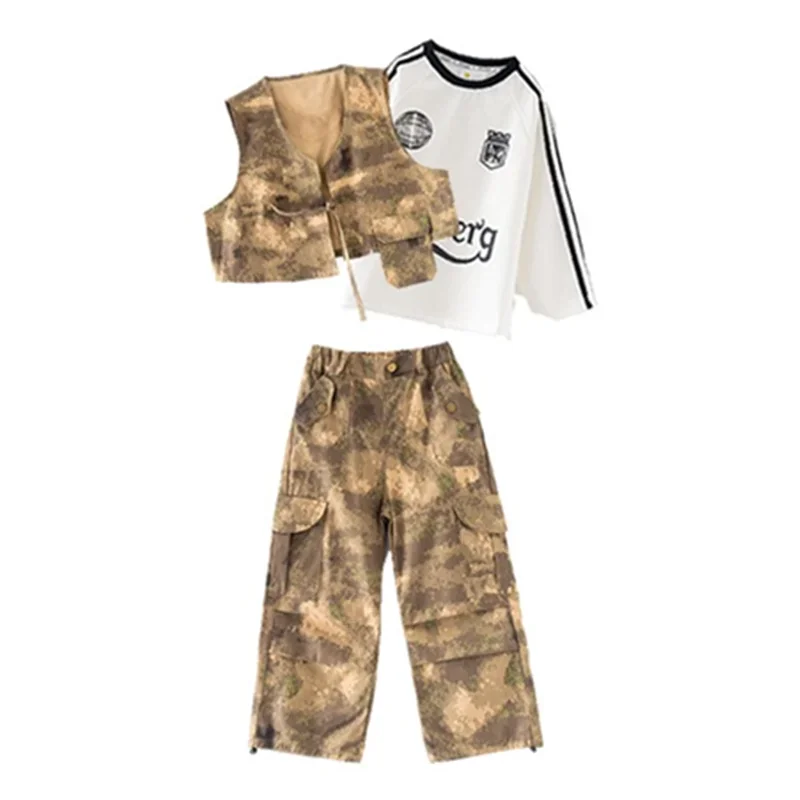 Boys Hip Hop Camouflage Vest Cargo Pants Girls Cool Street Dance Clothes Sets Kids Jazz Costumes Children Military Streetwear