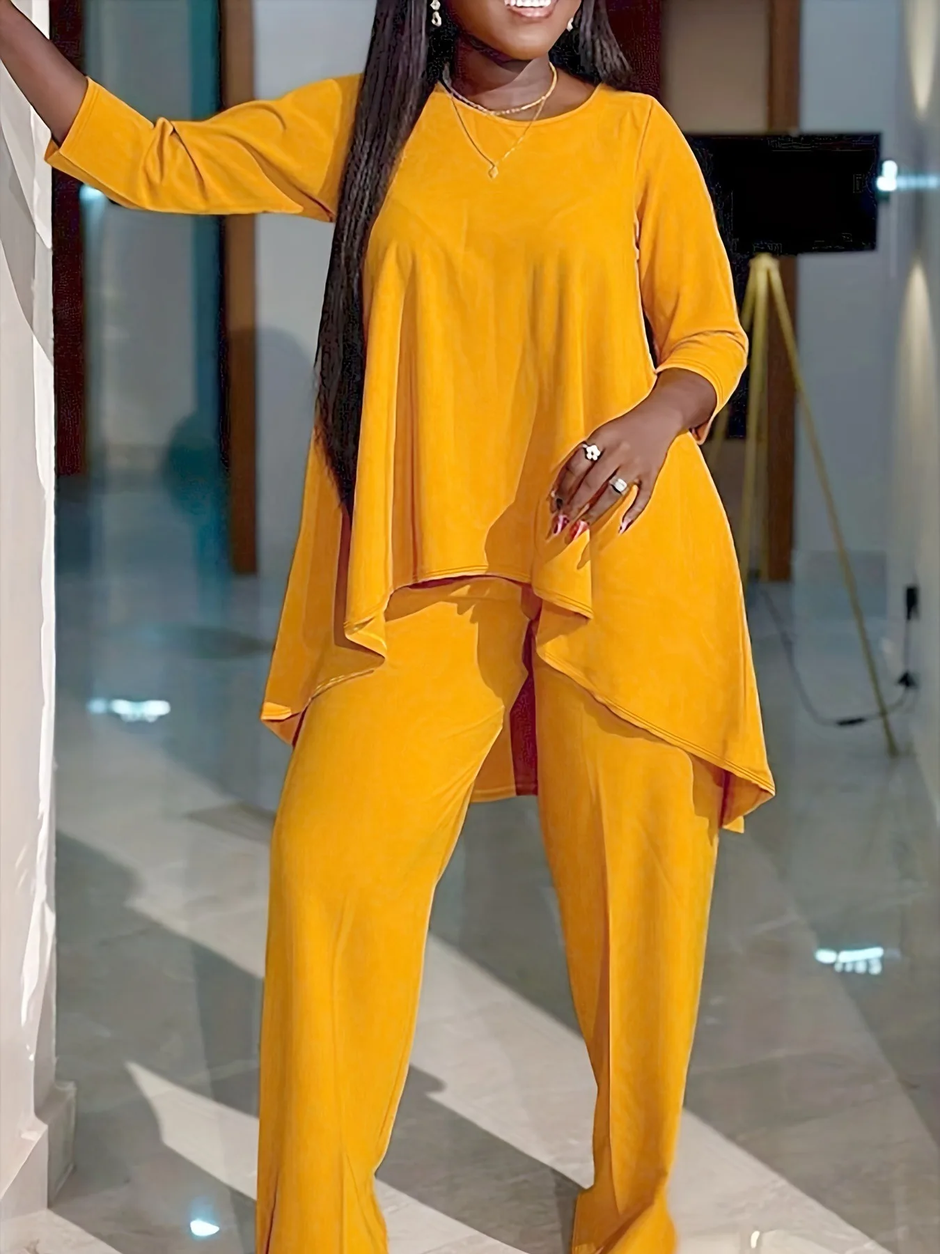 XL-5XL Plus Size Women Clothing Solid Color Seven Sleeve Loose Top and Wide Leg Pant Suits Fall Winter Elegant African Outfits