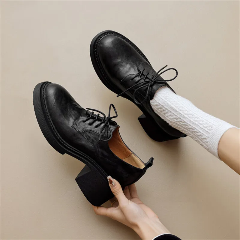 NEW Spring Autumn Genuine Leather Women Shoes Fashion Loafers Round Toe Chunky Shoes for Women Lace Women Pumps Black High Heels