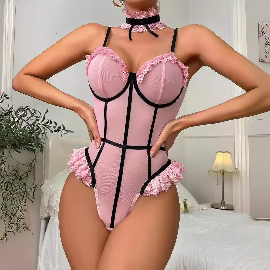 Women\'s Plus Erotic Lingerie Bodysuit, Plus Size Bow Front Ring Linked See-through Halter Thong Teddy With Garter Belt