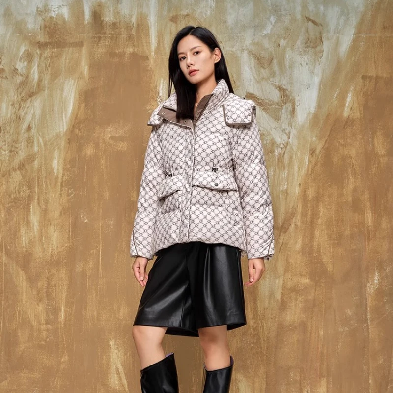 Chericom Women's Hooded Down Coat Stand Collar Print Design Dual Zipper Placket Ribbed Windproof Cuffs Slanted Pockets Y299155Y