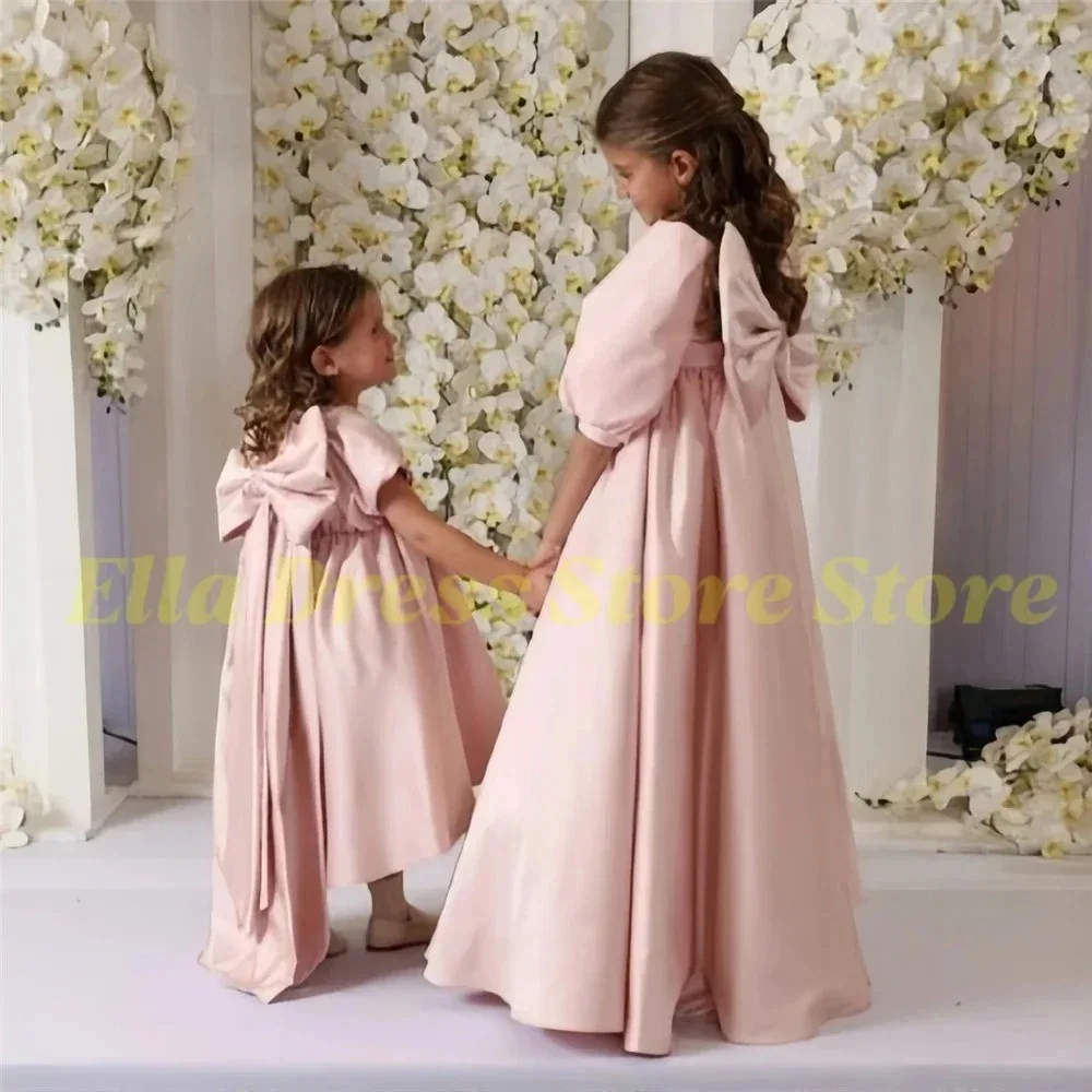Mädchenkleid in Satinrosa mit Puffärmeln und Schleife, Blumenmädchenkleid für Hochzeit, Abendkleid, formelle Empfänge, Partys, maßgeschneidert, Großhandel – Detail 2